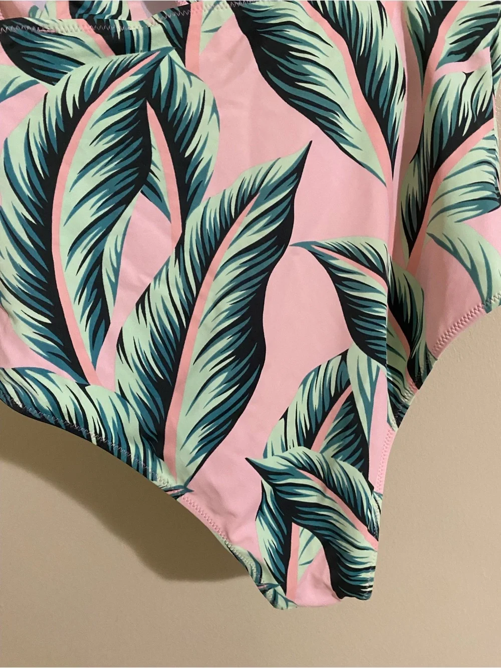 Pink Tropical Leaf One-Piece Swimsuit with Green Palm Print